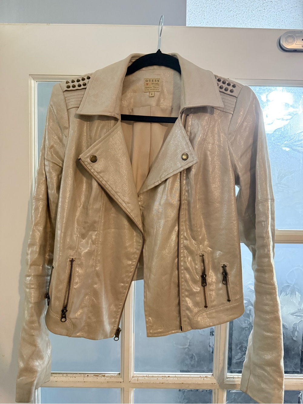 GUESS Cream Faux-Leather Studded Moto Jacket